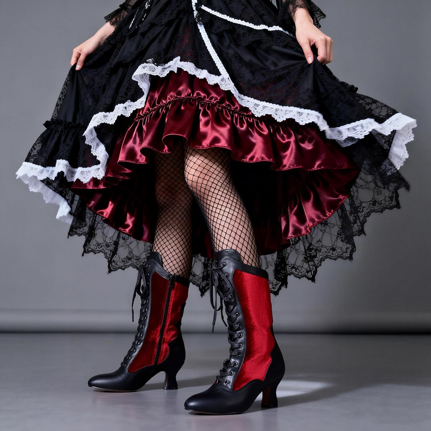 Erocalli Witch Boots For Women Victorian Medieval Vintage Mid-Calf Boots -Kitten Heels, Lace up, Side zipper, Goth, Cosplay Costumes, Dance Shoes
