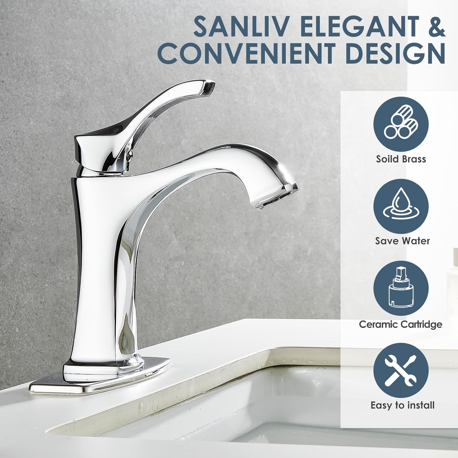 Chrome Bathroom Faucet, Sanliv Single Handle Centerset Bathroom Sink Faucet with Pop-Up Drain & Deck Plate for 1 or 3-Hole (4 inch) Installation, Modern Farmhouse Vanity Faucet, Polished Chrome - Image 3