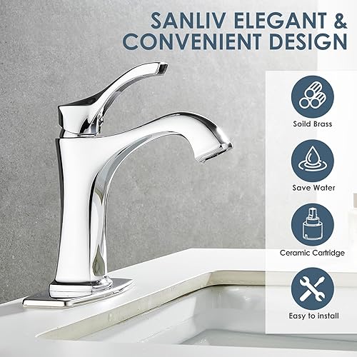 Vista 12 de Brushed Nickel Bathroom Faucet, Sanliv Single Handle Centerset Bathroom Sink Faucet with Pop-Up Drain & Deck Plate for 1 or 3-Hole (4 inch)