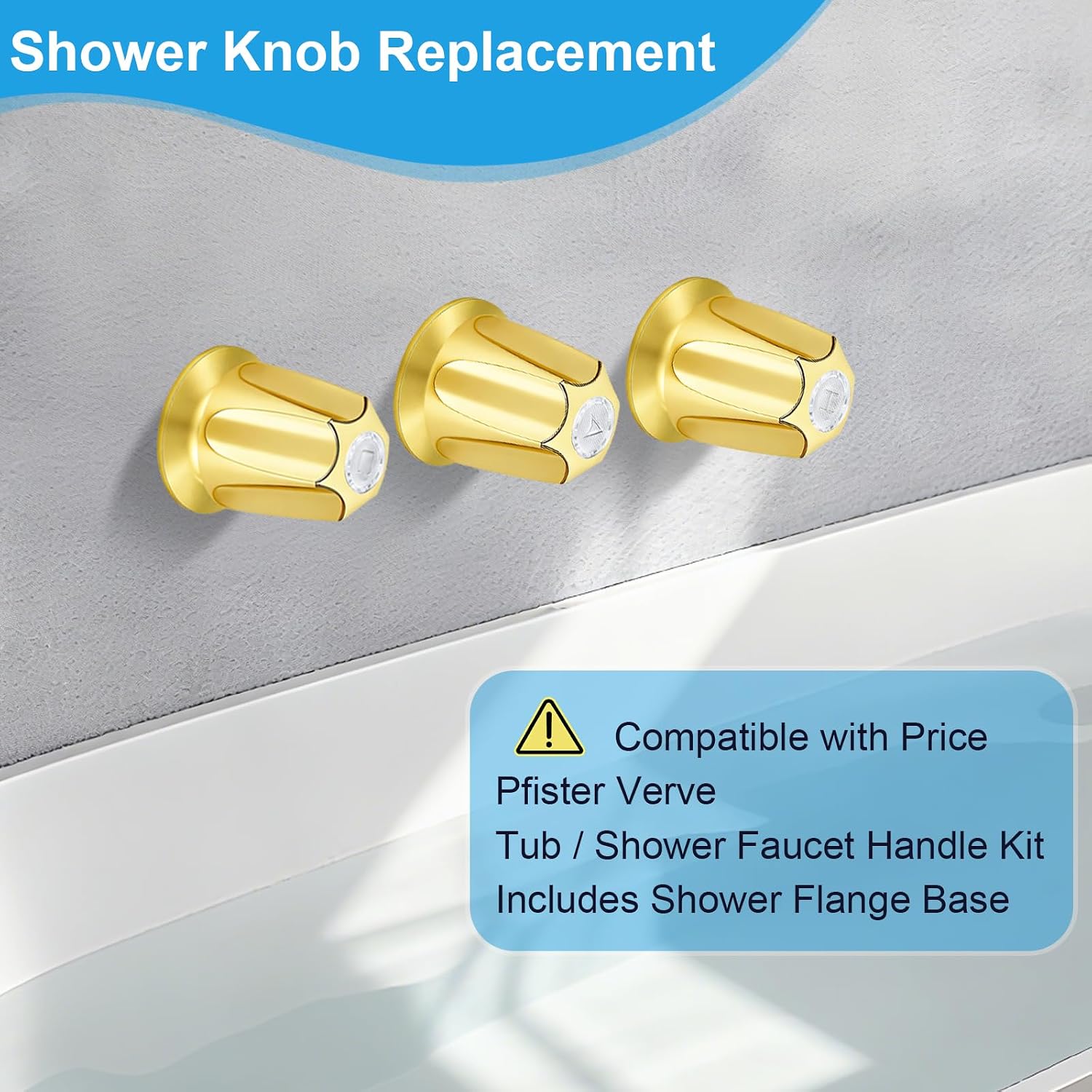 39619 Bathtub Shower 3-Handle Remodel/Rebuild Trim Kit, Polished Gold | Compatible with Price Pfister Valve, Shower Knob 3 Piece Replacement Includes 12H-2H, 12H-2C, 12H-18D Stems, and Flange Base