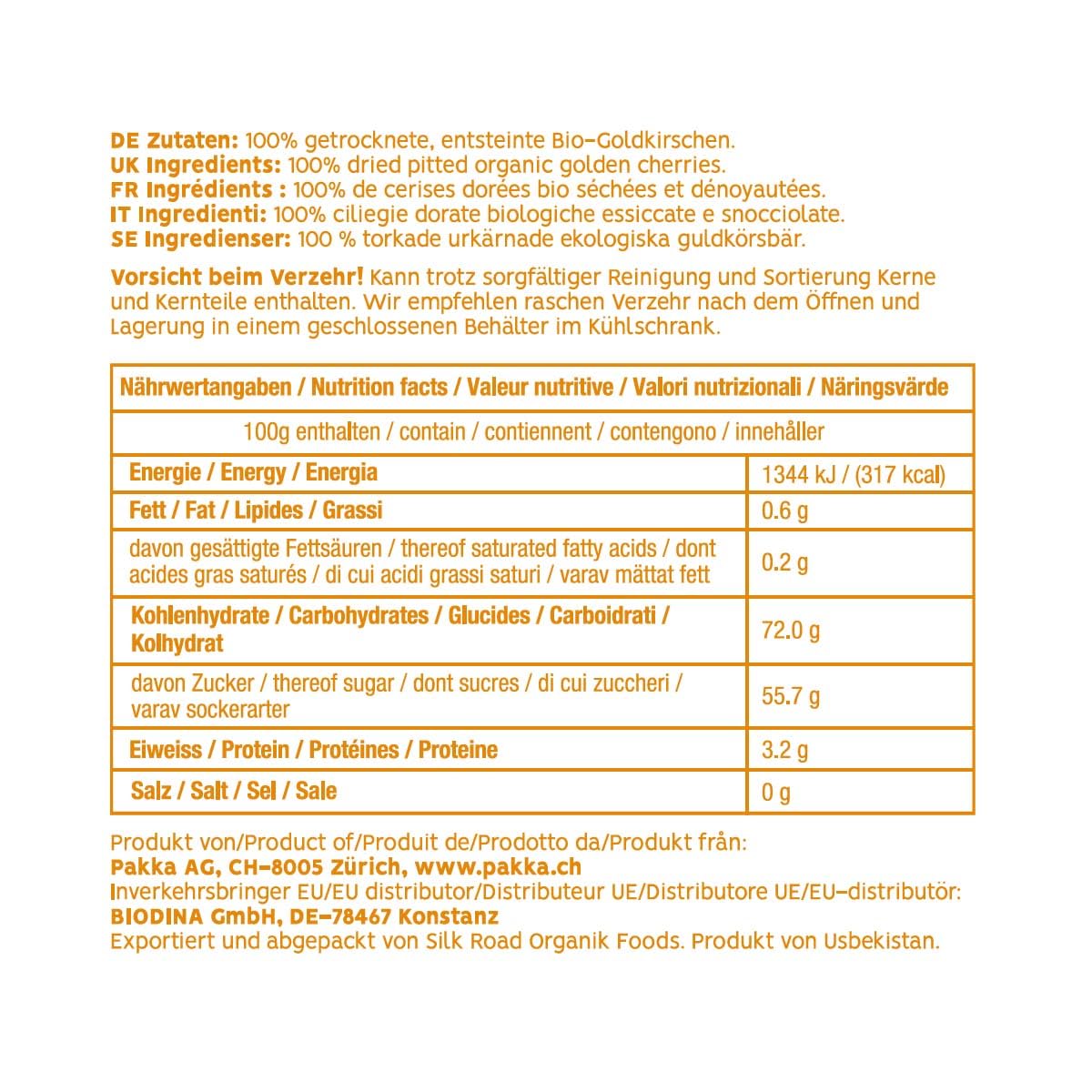 PAKKA - Cerises dorées bio commerce équitable, 500g, séchées au soleil, cerises jaunes sauvages, non huilées, non sucrées, directement des petits producteurs de Samarkand, Ouzbékistan, 500g