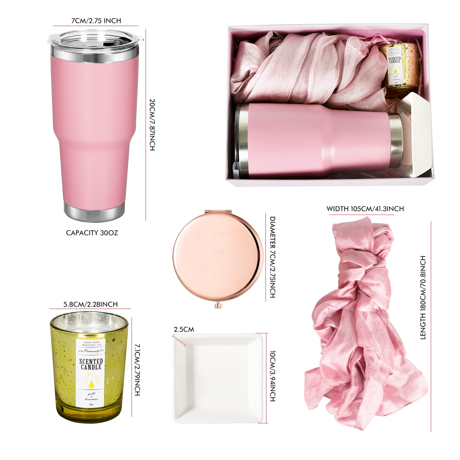 Cofanetto regalo compleanno donna confezione regalo compleanno specchio trucco piatto gioielli tazza acqua auto candela profumata e sciarpa di seta per donna, madre, sorella