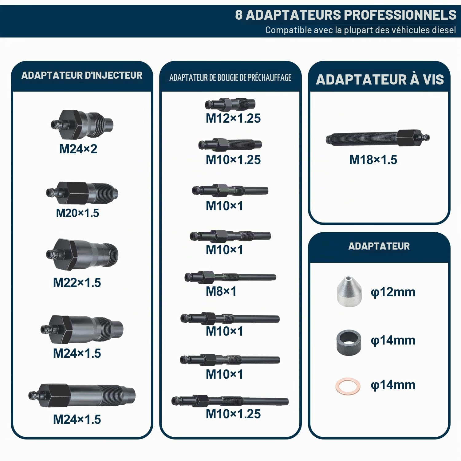 18 pièces Kit de test de compression pour moteur Diesel Manomètre de test pour moteur Diesel