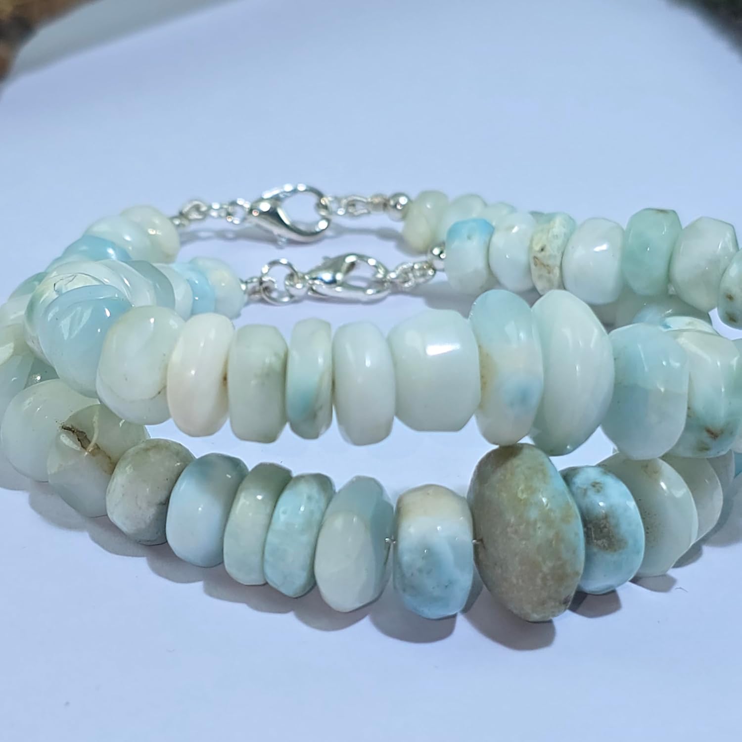 LKBEADS Natural larimar gemstone 13x6-7x5mm stacking bracelet | 7 inch | blue color, rondelle shape, faceted cut, stone | with silver plated clasp | handmade jewellry |LK_ESK_00241