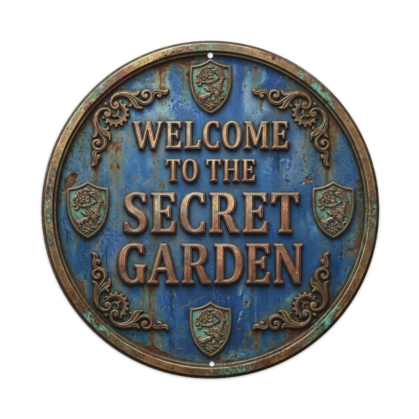 Vintage Welcome Secret Garden Bronze Cobalt Emblem Metal Tin Sign