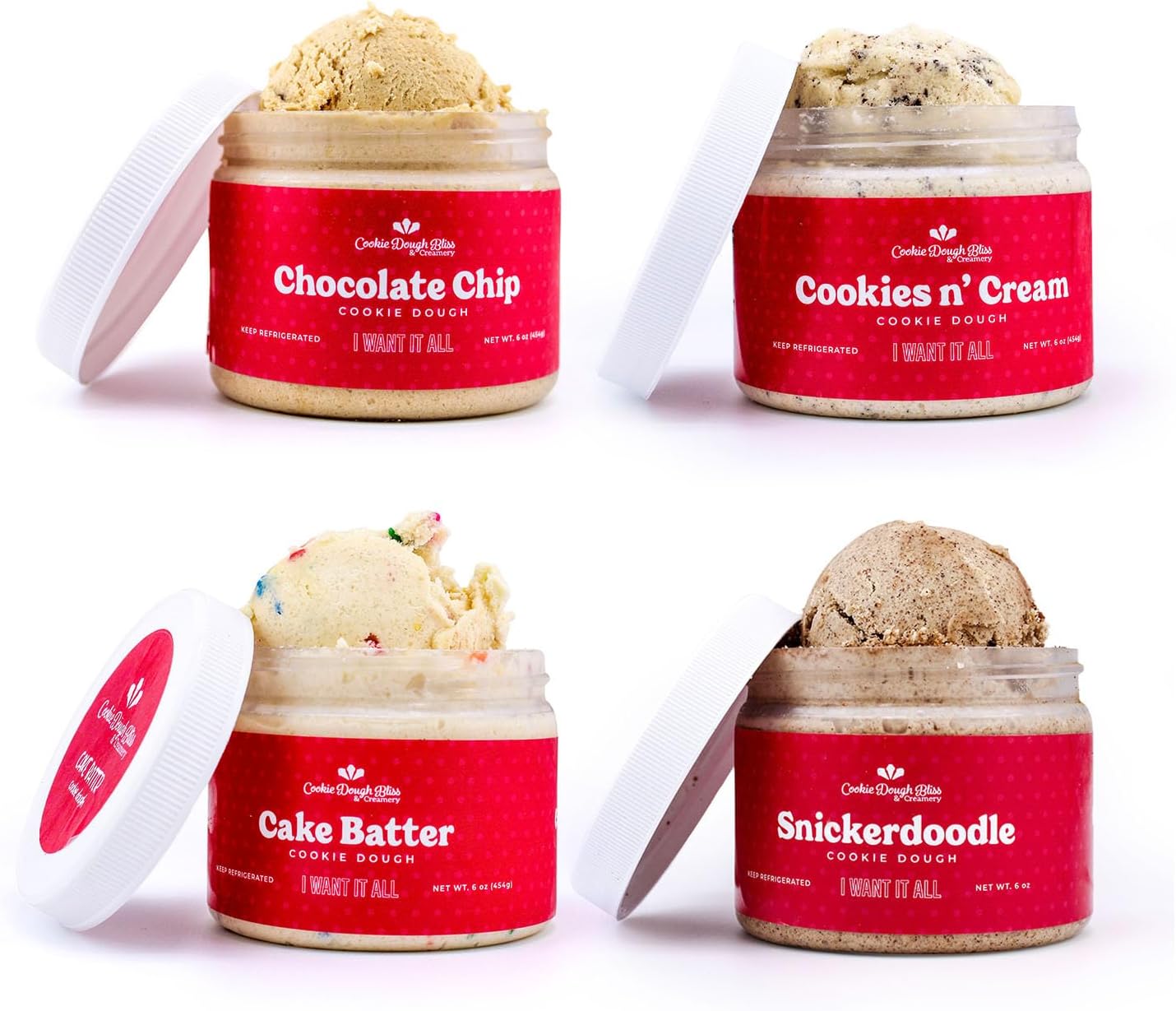 COOKIE DOUGH BLISS - Pack of 4 Classic Bliss Pack - Delicious Ready-to-Eat Chocolate Chip Cookie Dough - Cake Batter & Cookies & Cream, Snickerdoodle - Soft, Sweet & Creamy Snack or Dessert (6 oz)