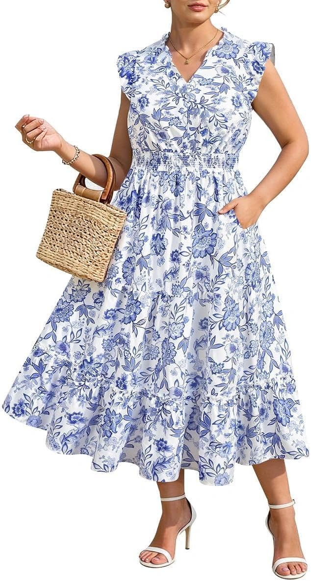 RITERA Plus Size Dress for Curvy Women Summer Cap Sleeve V Neck Maxi Dress Boho Dresses Floral/Gliiter XL-5XL 14W 28W