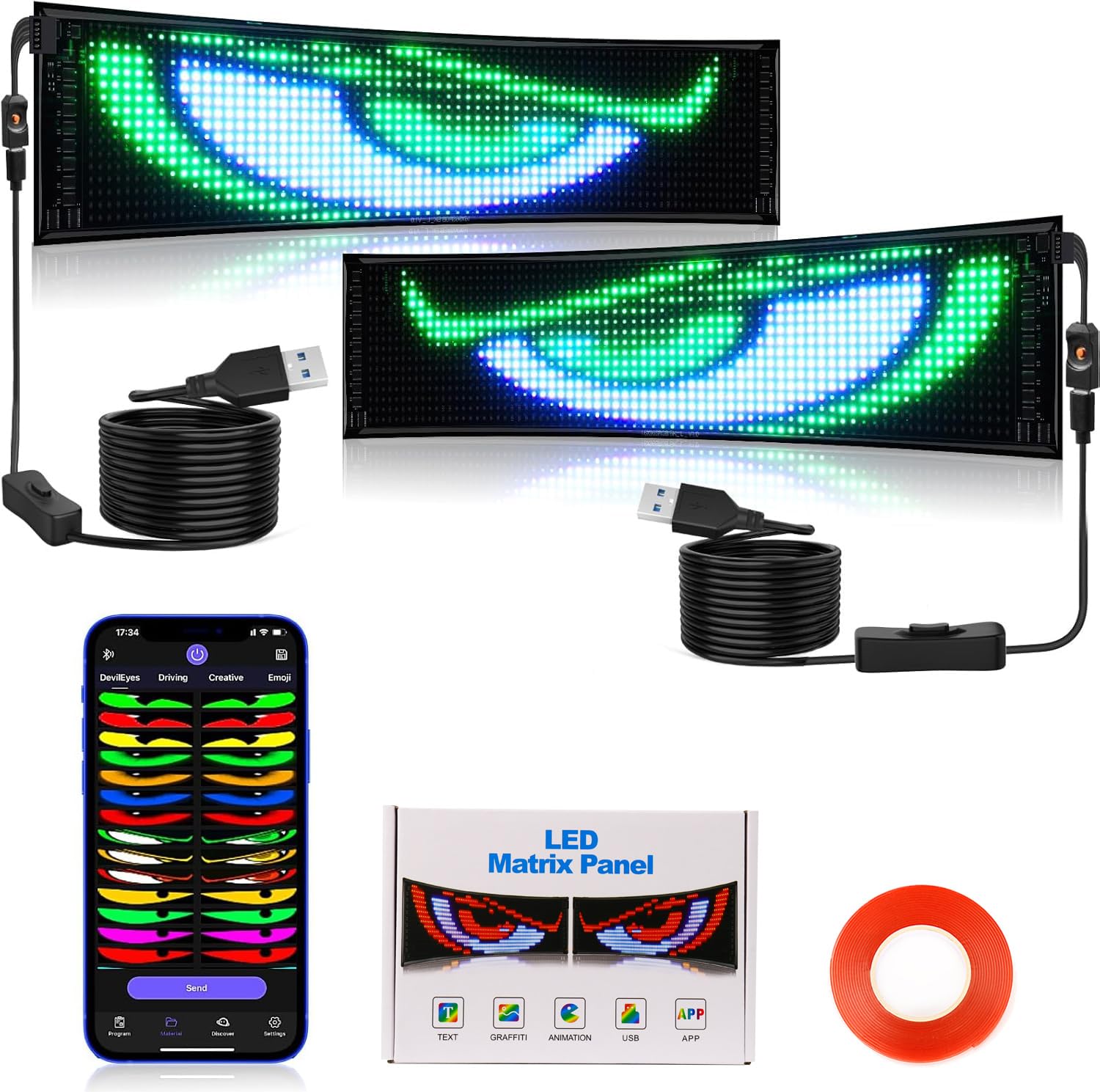 Qnoavve 2-Pack 23.6in x 4.7in Flexible LED Display, Full-Color Programmable LED Scrolling Sign with Bluetooth App, Devil Eyes LED Display for Shop, Bar, Party, Festival