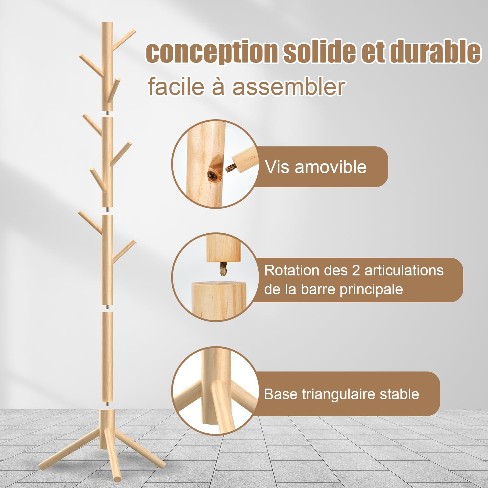 Kasunpul Porte-manteau en bois 175 cm avec 8 crochets, porte-vêtements réglable, autoportant en arbre pour la chambre, le couloir, le bureau, les vêtements, les chapeaux (Bois Naturel)