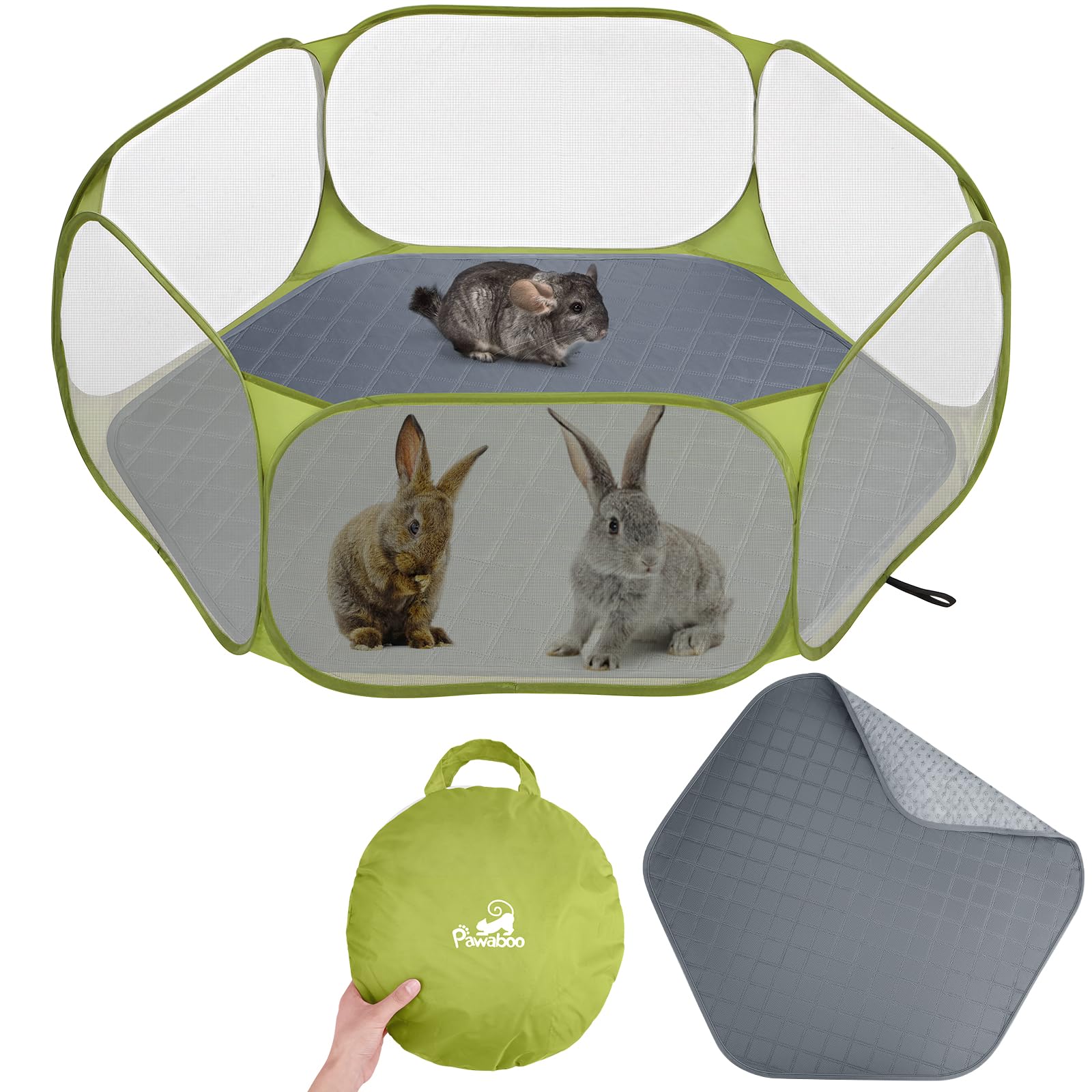 Pawaboo Corral para Animales Pequeños con Almohadilla, Jaula Impermeable para Mascotas Pequeñas con Almohadilla Reutilizable, Valla Portátil de Exterior para Pollitos/Gatitos/Cachorros, Verde + Gris