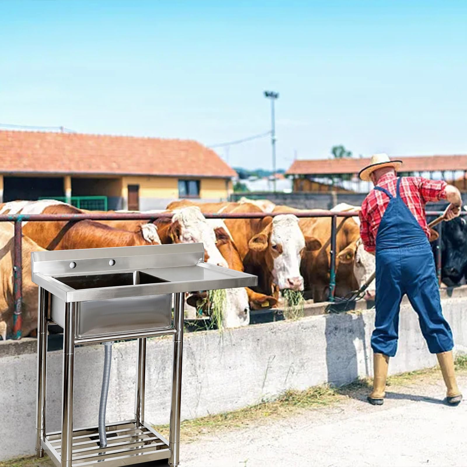 Freistehendes Küchenspülbecken mit einem Becken, Wasseranschluss, Edelstahlspüle, Vorbereitungs- und Handwaschbecken mit Arbeitsfläche und Zwei Ablageflächen