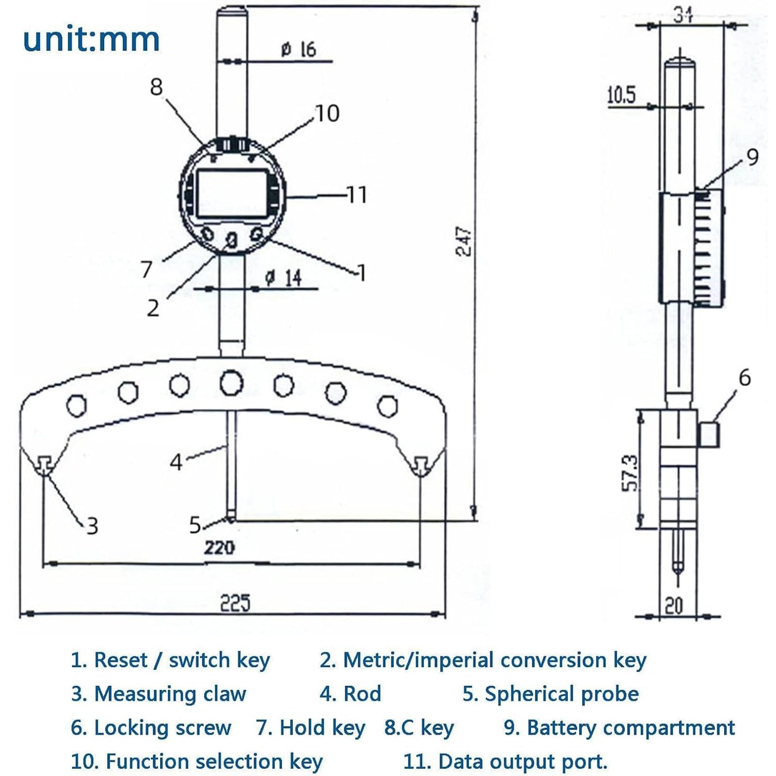 Digitales Radius-Messgerät, elektronisches Innen- und Außenradius-Messgerät, hochgenaues Messwerkzeug, Messbereich 0-50,8 mm mit 200 mm Messbacke