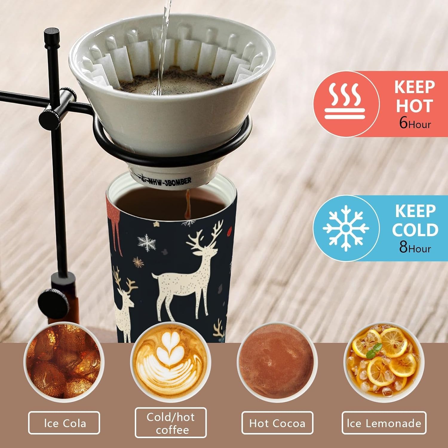 17 oz Insulated Coffee Mug Reindeer Snowflake with Straw and Leak Proof Lid Double Wall Water Bottle Stainless Steel Vacuum Thermal Travel Drinking Cup for Hot/Cold Drink