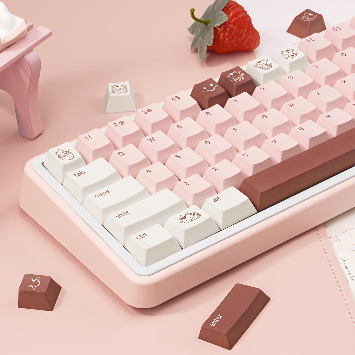 Milk Strawberry Cute Pink Keycaps - 134 Keys PBT Dye-Sublimation Keycaps, Cherry Profile - Kawaii Cow & Milk Cartoon Illustrations, Compatible with 60% 65% 75% 80% 100% Mechanical Keyboards