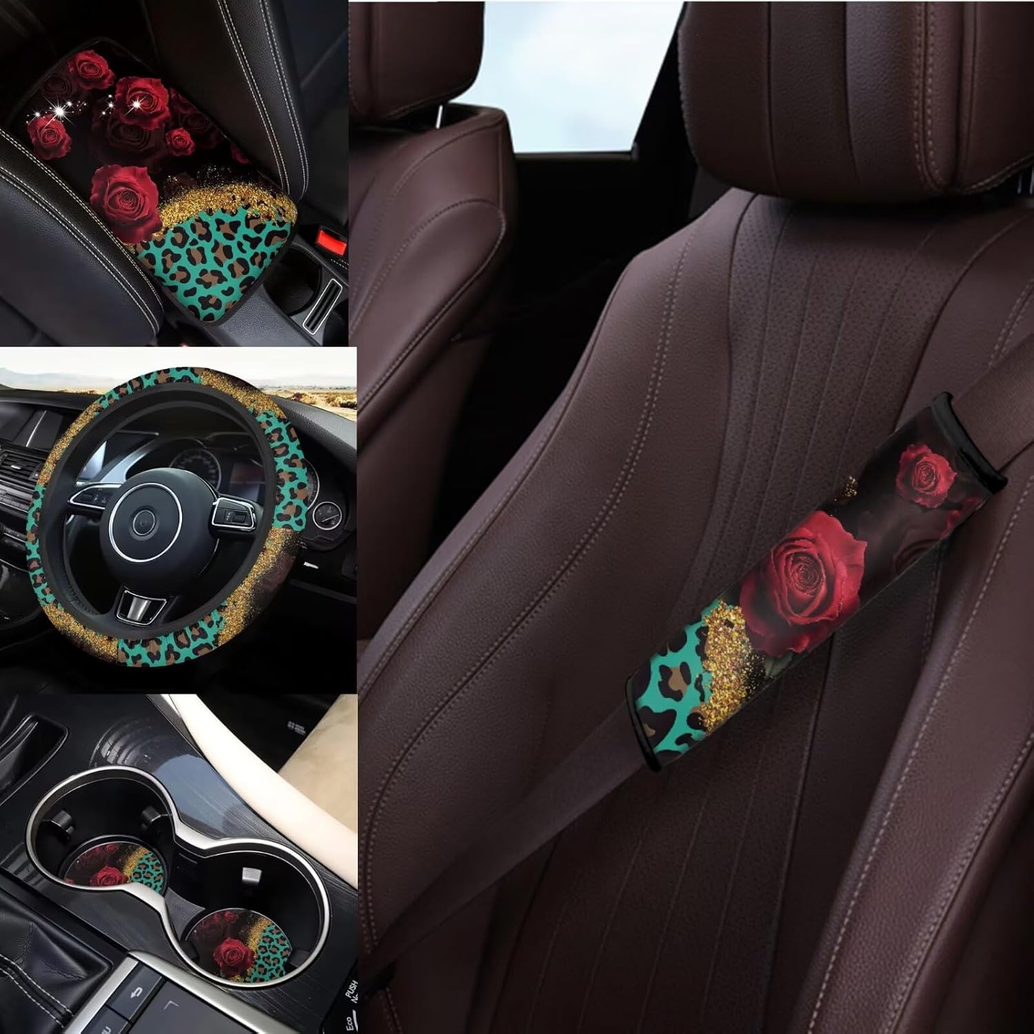 Leopard Print Car Accessories Set 14 Pack,Rose Car Seat Covers Full Set with Front and Rear,Car Coasters,Steering Wheel Covers,Rear View Mirror Cover,Handbrake Sleeve Cover,Easy to Install