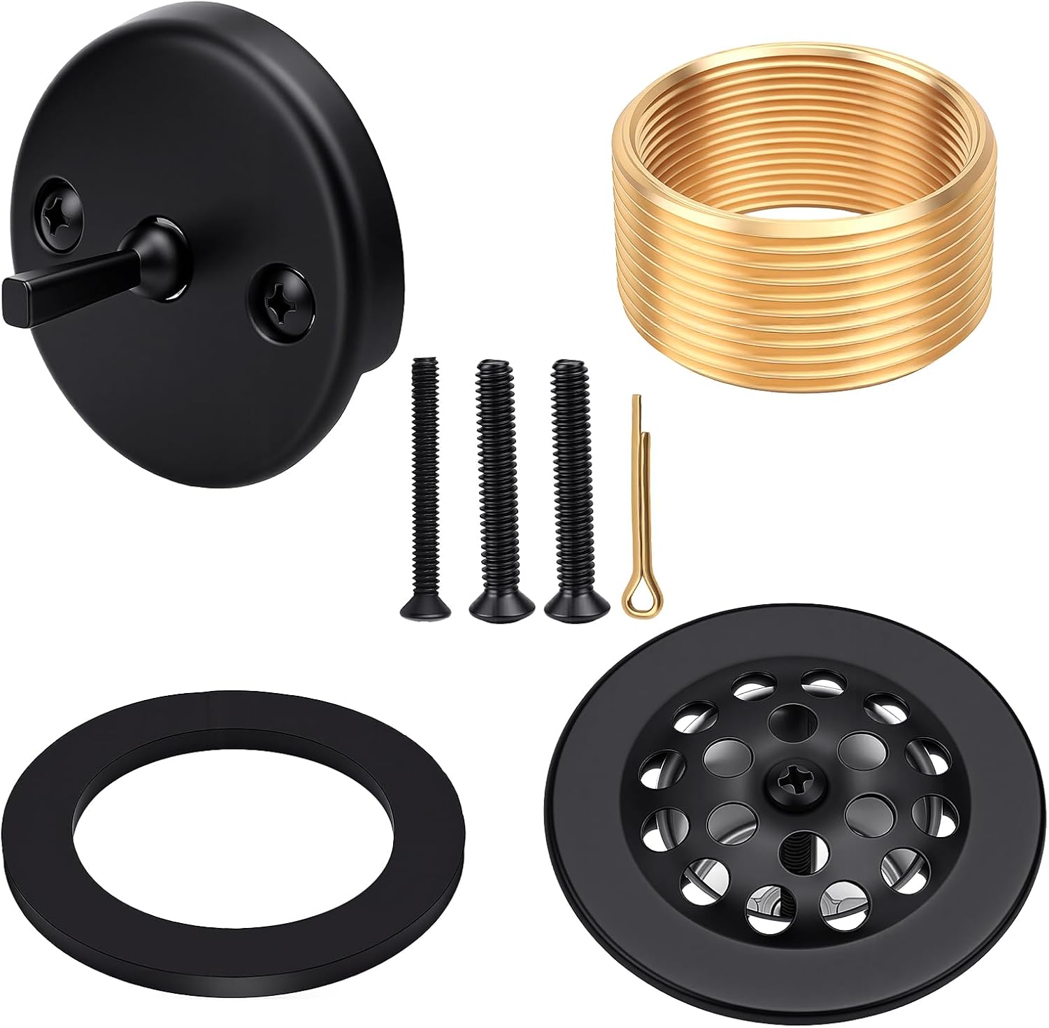 MakerFire Trip Lever Bath Tub Drain Kit, Universal for 1-1/2" and 1-3/8" Bathtub Drain Replacement (Matte Black) with Strainer,Overflow and Matching Screws,Tub Trim Kit