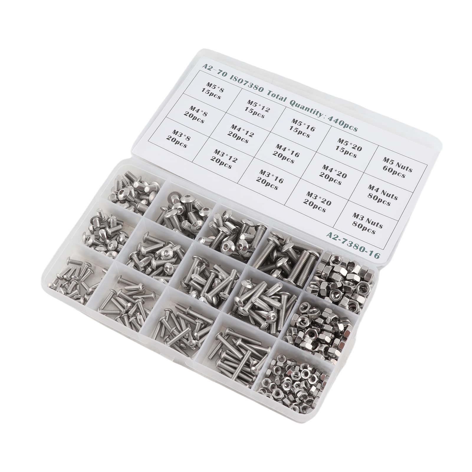 440-teiliges Muttern-Bolzen-Schrauben-Set aus Edelstahl, Sortiment M3, M4, M5, tragbares Hardware-Set für Maschinen, Möbel, Autoreparatur, langlebig, 304 Edelstahl, verschiedene