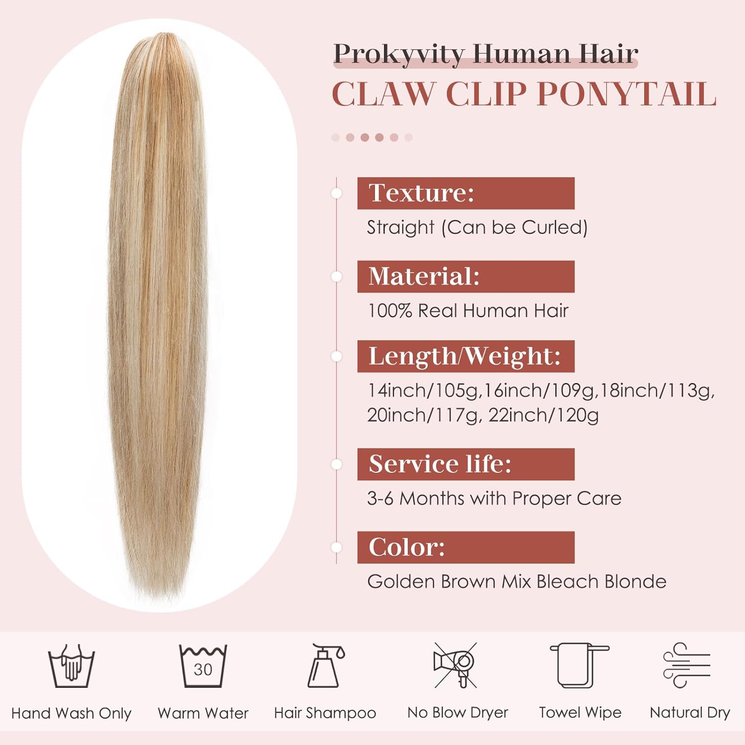 Human Hair Claw Clip Ponytail, Claw Clip Human Hair Ponytail,Effortless Application with Secure Hold,Style in Seconds,Quick Styling Solutions for Busy Lives 20"/117g Golden Brown Mix Bleach Blonde