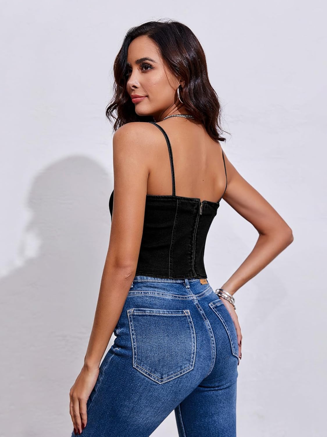 Imily Bela Womens Sleeveless Denim Vest Crop Tank Tops Spaghetti Straps Slim Fit Summer Cami Top - Image 4