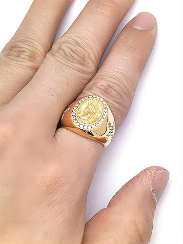 Miniatura 5 de JAJAFOOK Anillo religioso para hombre de Nuestra Señora de Guadalupe Virgen María con circonita cúbica y baño de oro, talla 7-13