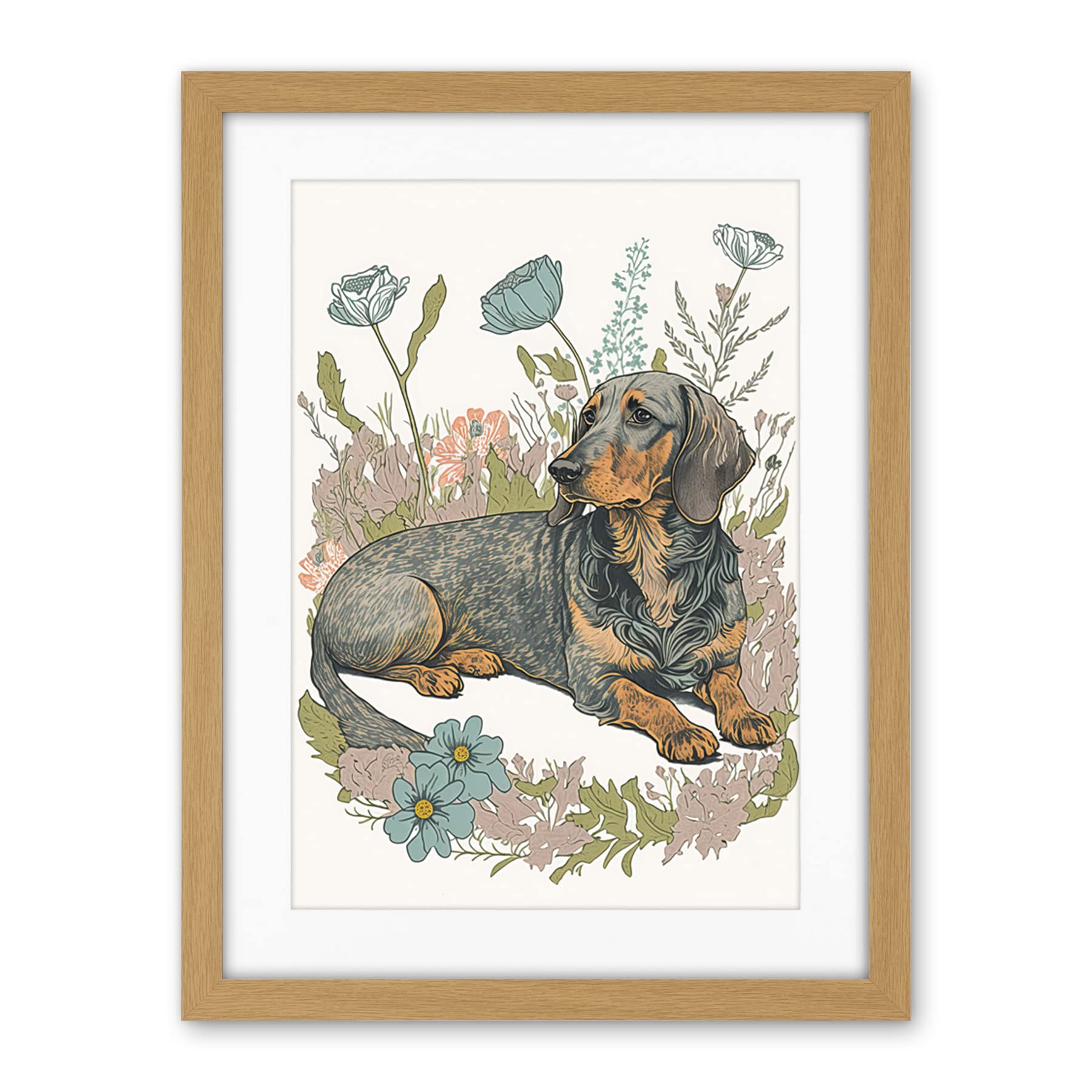 Artery8 Dachshund Dog Lying in Flower Field Pastel Watercolour Illustration Artwork Framed Wall Art Print 18X24 Inch