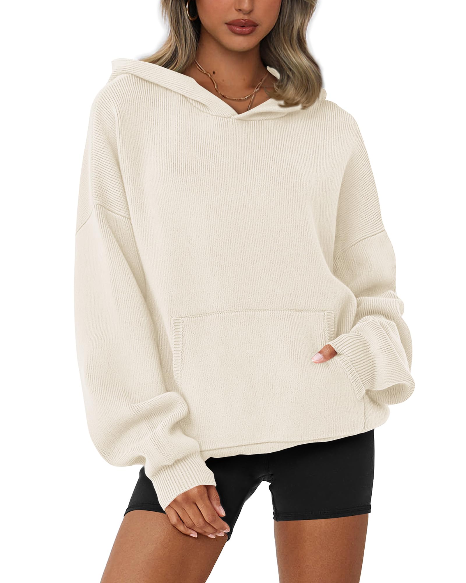 dowerme Women Oversized Sweaters 2025 Lantern Long Sleeve Drop Shoulder Chunky Knit Hooded Pullover Sweater with Pocket