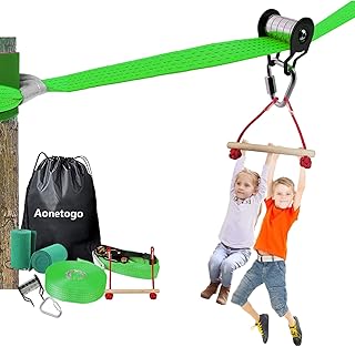Aonetogo Slackline Pulley with 65FT Zipline, Monkey Bar, Most Accessory for Warrior Obstacle Course for Kids & Adults Backyard, Outdoor Toys Playset Jungle Gym,Easily Carry & Install