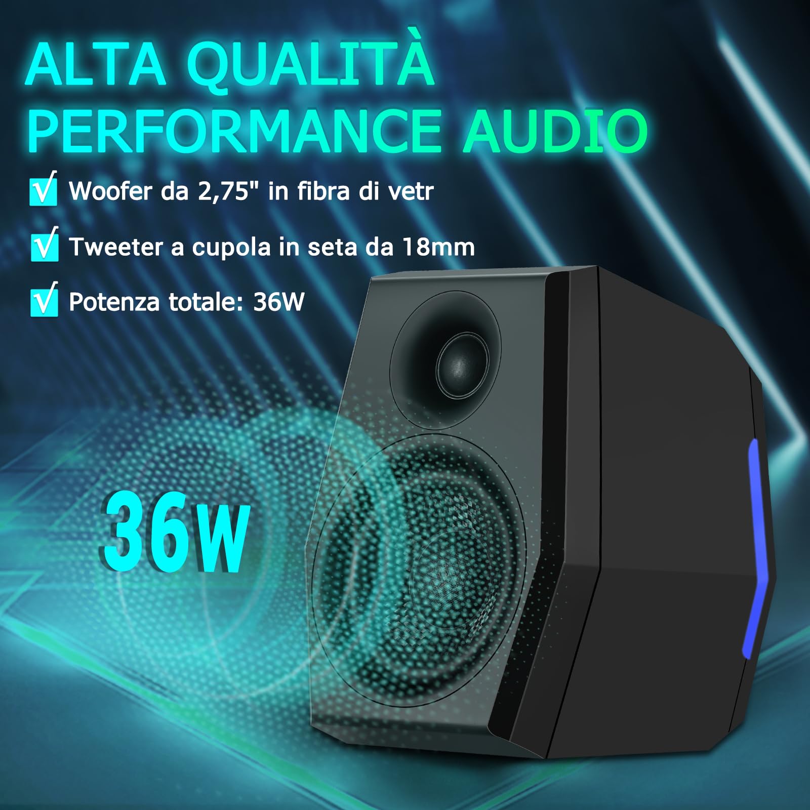 Sanyun SW209 Casse Gaming 2.0 36 W, Audio Tattico 3 Modalità DSP | Gaming/Film/Musica, DAC 24 bit, USB-C/Bluetooth 5.2/AUX, Driver Fibra di Vetro 7 cm + Cupola Seta 18 mm, RGB (Coppia, Nero)