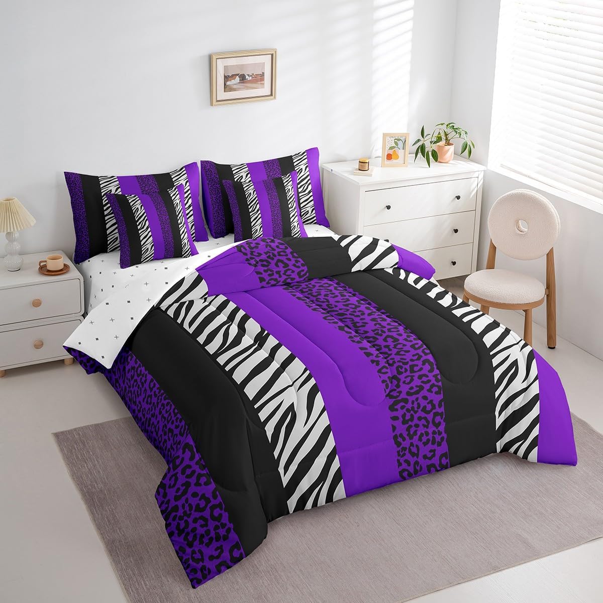 Manfei 7 Pieces Full Size Leopard Print Comforter Set,Zebra Skin Texture Bedding Set,Striped Fashion Black White and Purple（Comforter+Fitted+Flat Sheet+2 Pillowcases+2 Throw Pillow Covers）