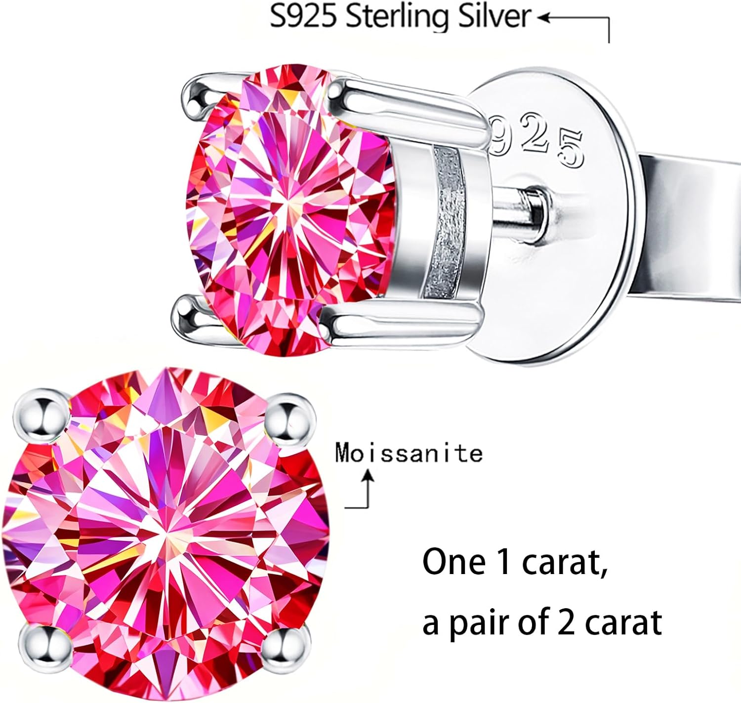 Moissanite Earrings，2ct D Color VVS1 Clarity Solitaire Round Cut Earrings S925 Sterling Silver for Women Men Moissanite Stud Earrings - Image 4