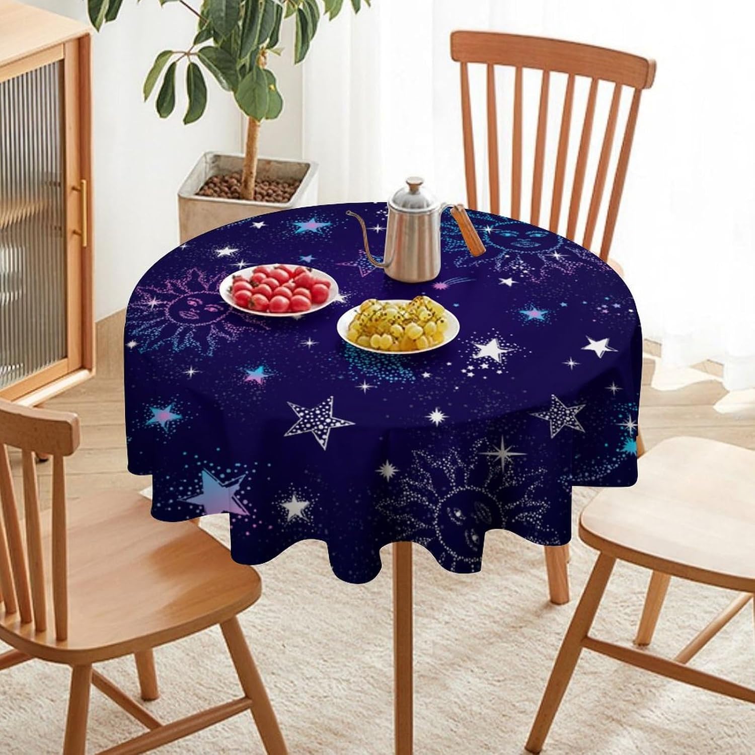 Sun Moon Colorful Tablecloth, Constellation Galaxy Space Table Cover for Dining Room Kitchen Holiday Home Picnic Party Wedding Decoration Camping, 70x70 Inch Round