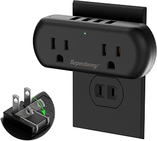 Multi-Plug Outlet Extender, SUPERDANNY 3 Prong to 2 Prong Wall Charger with 2 Wide-Spaced Outlets & 4 USB Ports, Mini Surge Protector Multiple Plug Splitter for Travel, Home, Office, Type A, Black