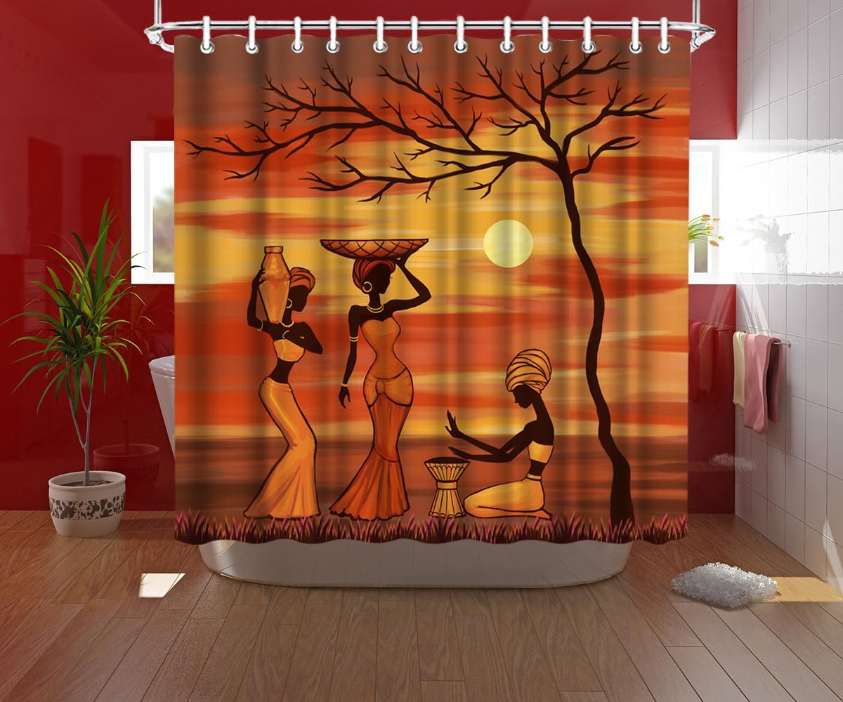 RnnJoile African Woman Shower Curtain Set Traditional African Girls Labouring Under Sunset Tree Curtain African Custom Fabric Bathroom Decor with Hooks 72"X72" Inches Yellow Burnt Orange