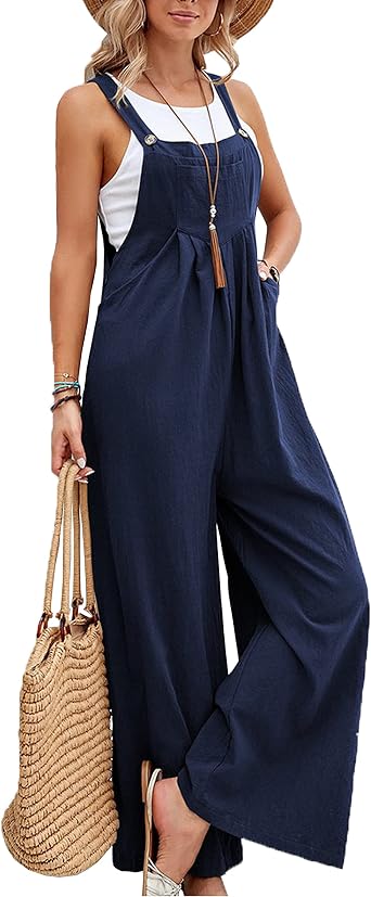 Womens Cotton Linen Wide Leg Jumpsuits Sleeveless Loose Adjustable Shoulder Straps Baggy Overalls with Pockets