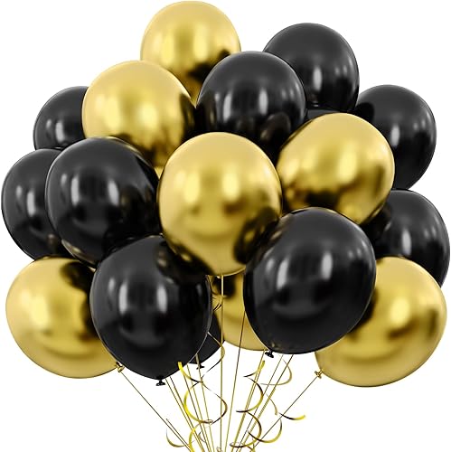 Globos negros dorados, 50 globos dorados y negros de 12 pulgadas, globos de látex negros para cumpleaños, Año Nuevo, boda, decoraciones de fiesta de