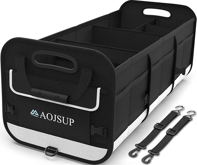 AojSup Car Boot Organiser, Multi-compartments Car Boot Storage Organiser, Collapsible Car Boot Tidy with 2 Adjustable Hooks&Non-slip Bottom, Car Trunk Organiser for Most Vehicles&Indoor, 95L, Black