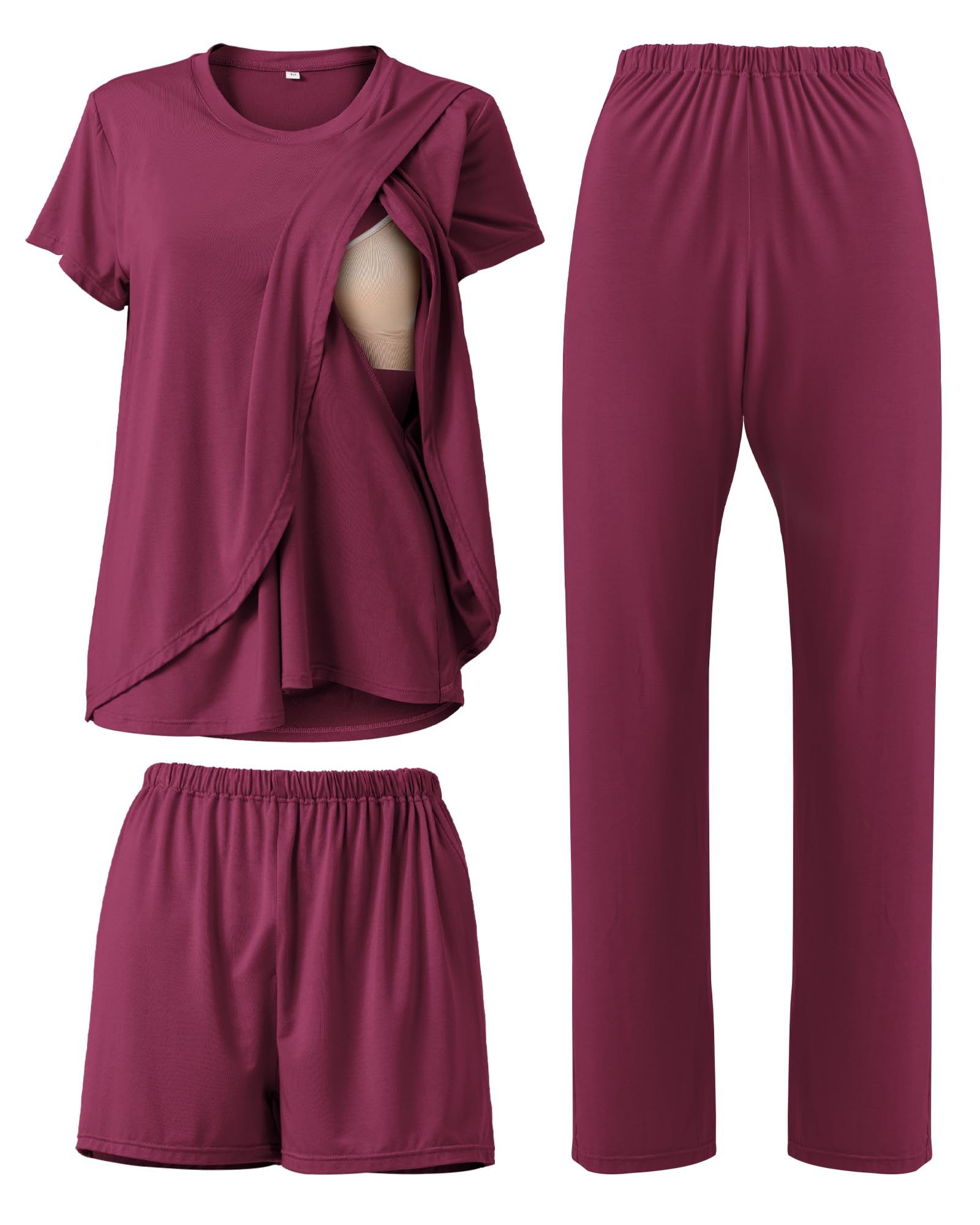 SUNNYBUY 3-teiliges Still-Pyjama-Set für die Zeit nach der Geburt, lässig, weich, Umstands-Pyjama, Nachtwäsche, Loungewear, Kleidungsschicht, Dunkelrot XL