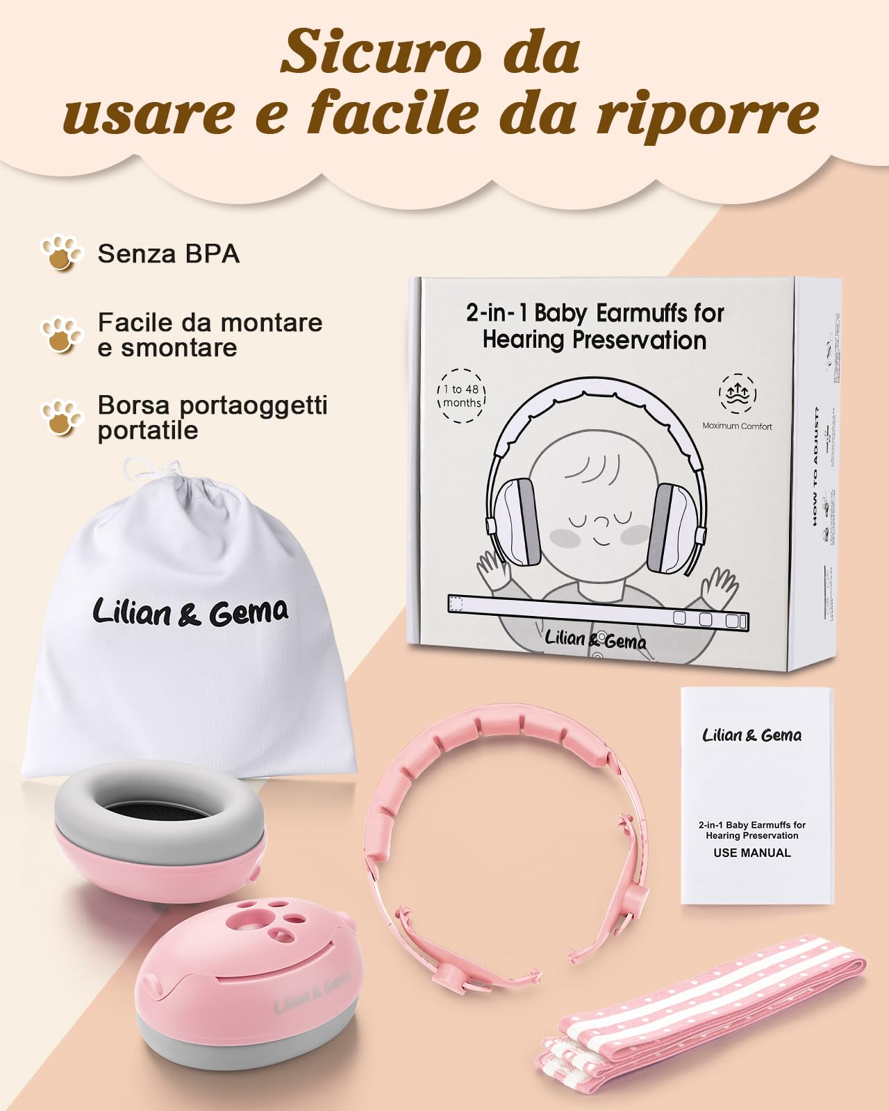 Lilian&Gema 2 in 1 Cuffie Neonato Antirumore -25dB,Protettori acustici per neonati, archetto regolabile, antiscivolo e antistress, protezione acustica ideale per neonati fino a 48 mesi