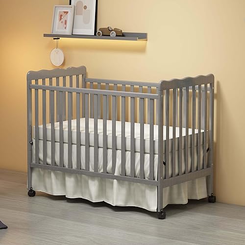 Full Size Baby Crib, 3-in-1 Convertible Crib with Locking Wheels, Toddler Infant Crib with Adjustable Mattress Height Positions, Portable Crib for Baby (Gray-New)