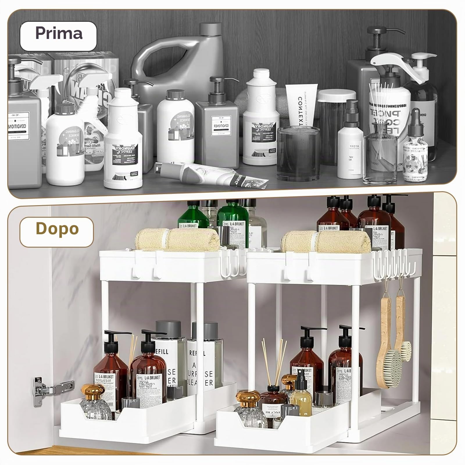 KOOSREEL Armadietto sotto lavello a 2 livelli, scorrevole organizer sotto lavello ripiano cassetto portaoggetti multifunzione per bagno, ripiano sotto armadio, ripiano per lavastoviglie - bianco