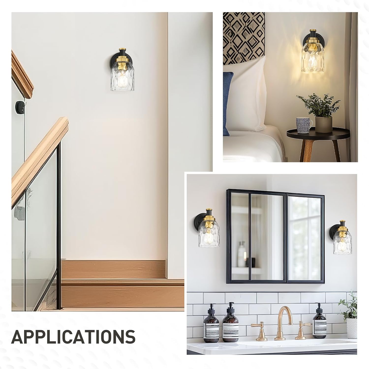zeyu Modern Wall Sconces, 1-Light Sconces Wall Lighting, Industrial Bathroom Vanity Light Fixture with Water Ripple Glass Shade, Black and Gold Finish, ZG33B BK+BG-WG