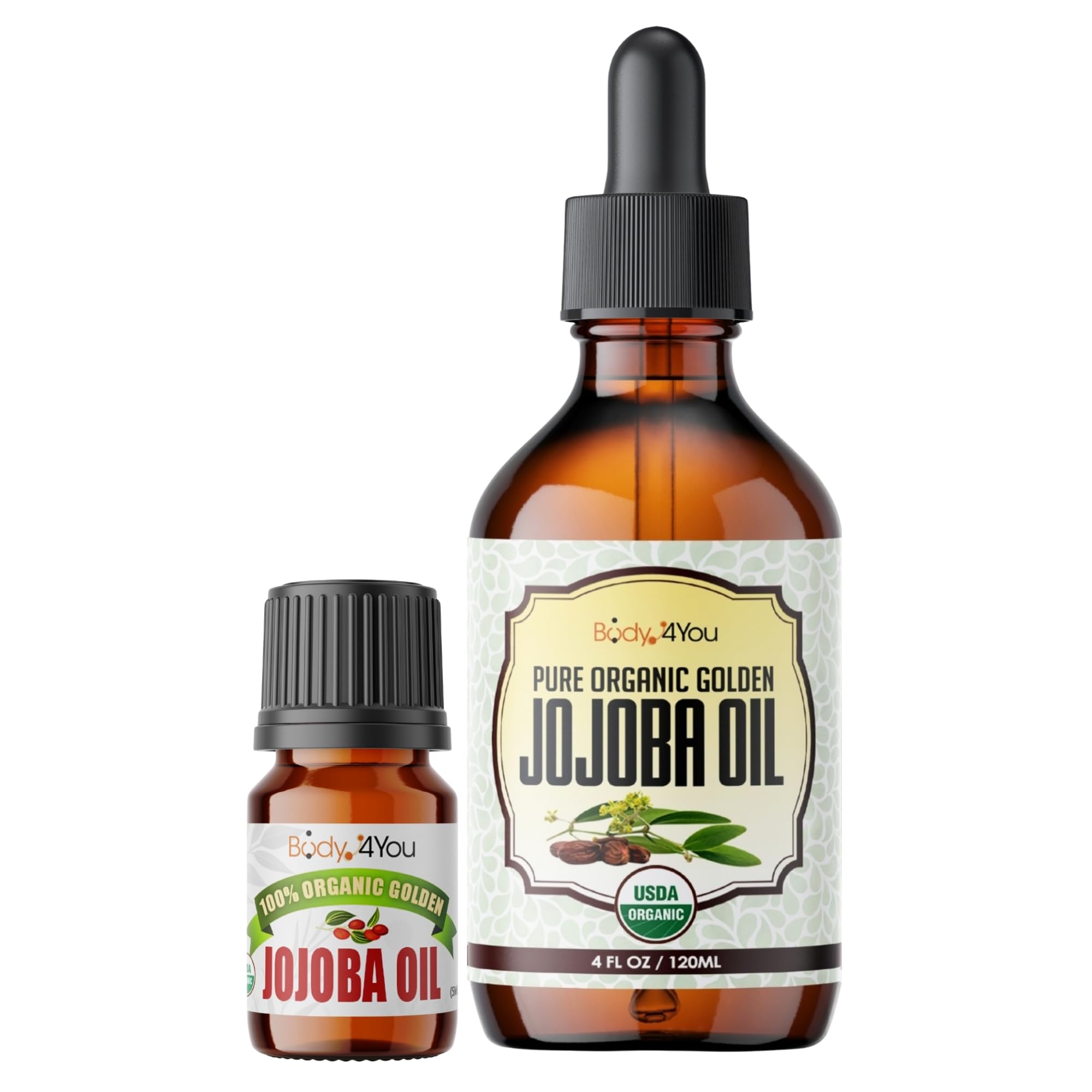 BodyJ4You Organic Golden Jojoba Oil - USDA 100% Pure & Natural (125ml) - Moisturizing Oil for Face, Hair, Skin & Nails - Cold Pressed, Hexane Free, Anti-Aging - Men and Women