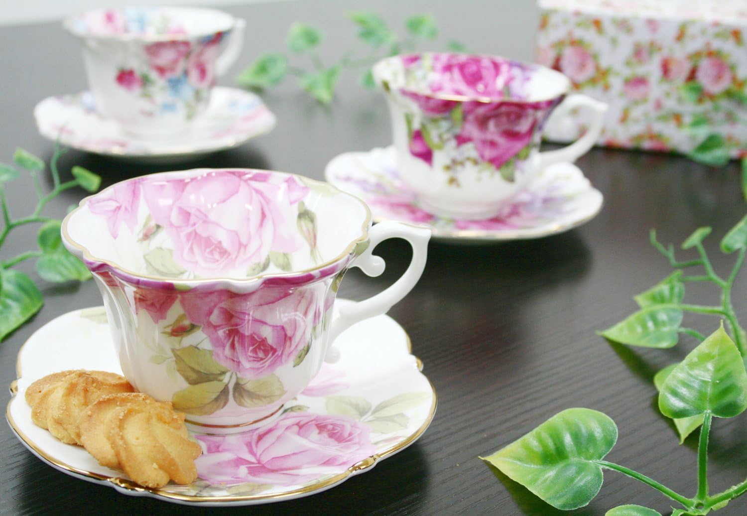 Royal Arden 37100 Coffee Tea Cup and Saucer Set, Ceramic, Microwave Safe, Bone China, 8.5 fl oz (240 ml), Floral Pattern, Rose, Blue