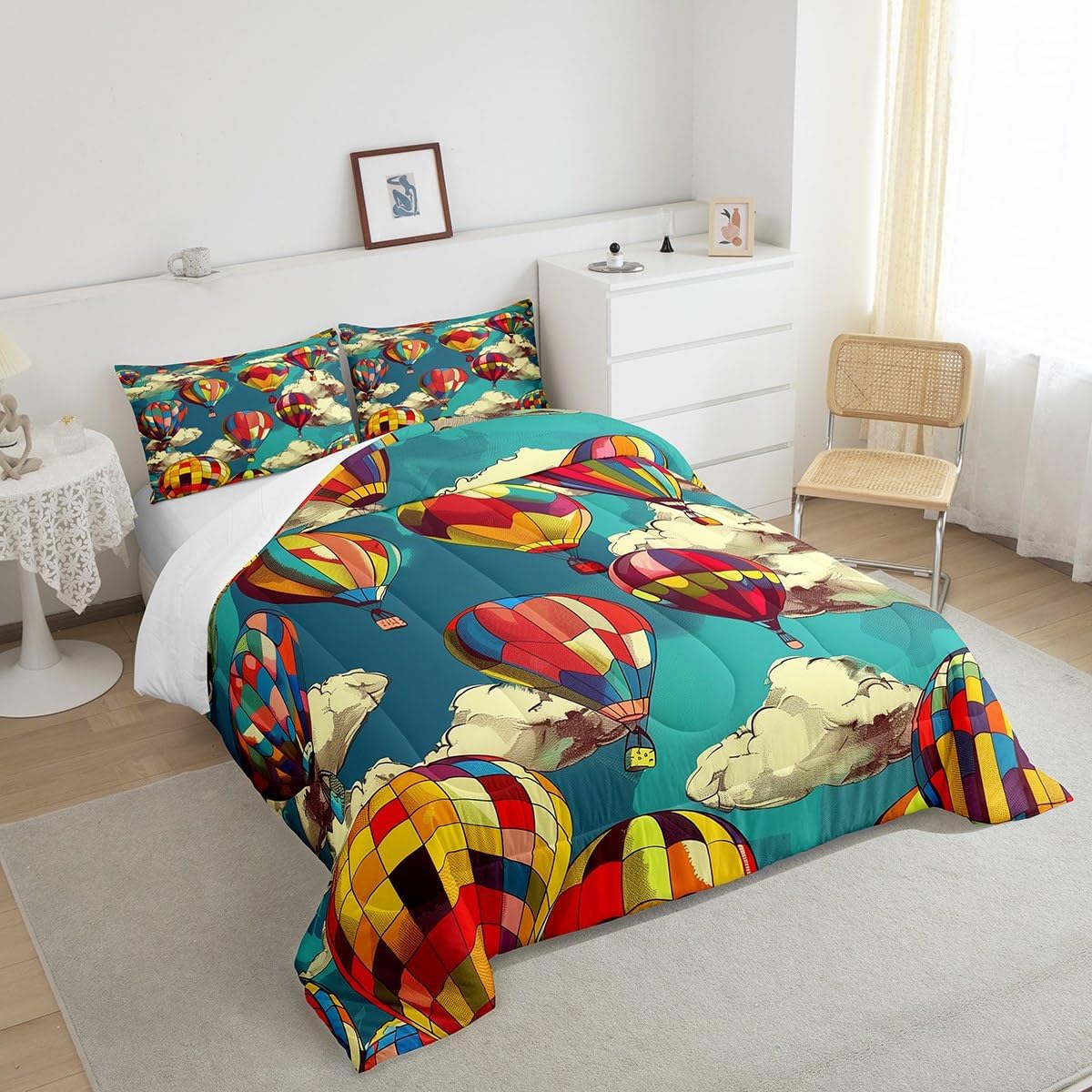 Erosebridal Hot Air Balloon Twin Comforter Set for Boys Girls Kids,Cute Rainbow Bedding Set Boho Room Decor,Blue Sky Cloud Comforter Set Breathable Cartoon Colorful Balloons Quilt Bed Set 2Pcs