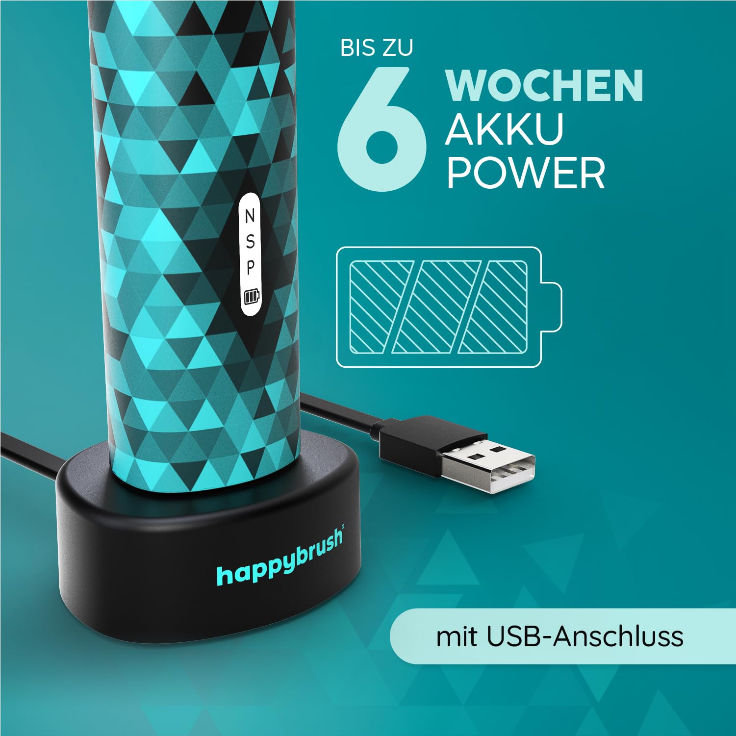 happybrush Cepillo de dientes sónico Eco Vibe 3 – Ganador de pruebas 2024 – 100 días – Cepillo de dientes eléctrico con batería de 6 semanas – Cepillos de dientes ultrasónicos – Negro/Menta
