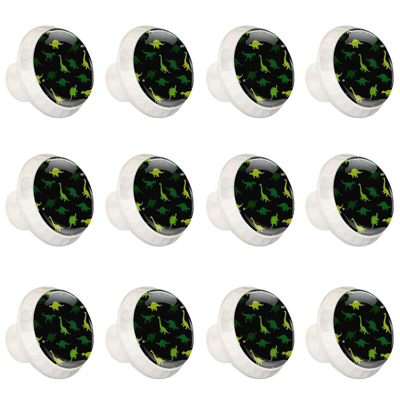 Boutons d'armoires de cuisine ronds noirs motif dinosaures - Lot de 12 poignées pour placard