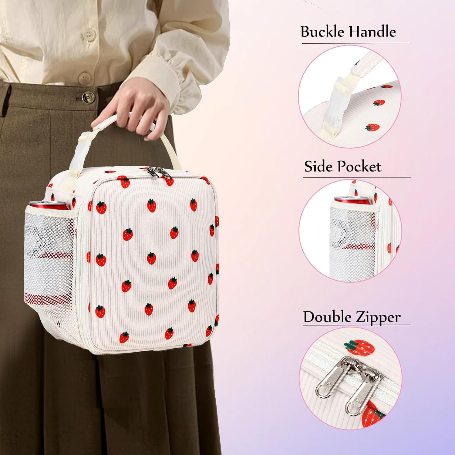 Cute Insulated Lunch Bags for Girls and Women,Corduroy Strawberry Lunch Tote Bags Reusable Insulated Lunch Box Large Capacity Cooler Tote Bag for Work Picnic or Travel