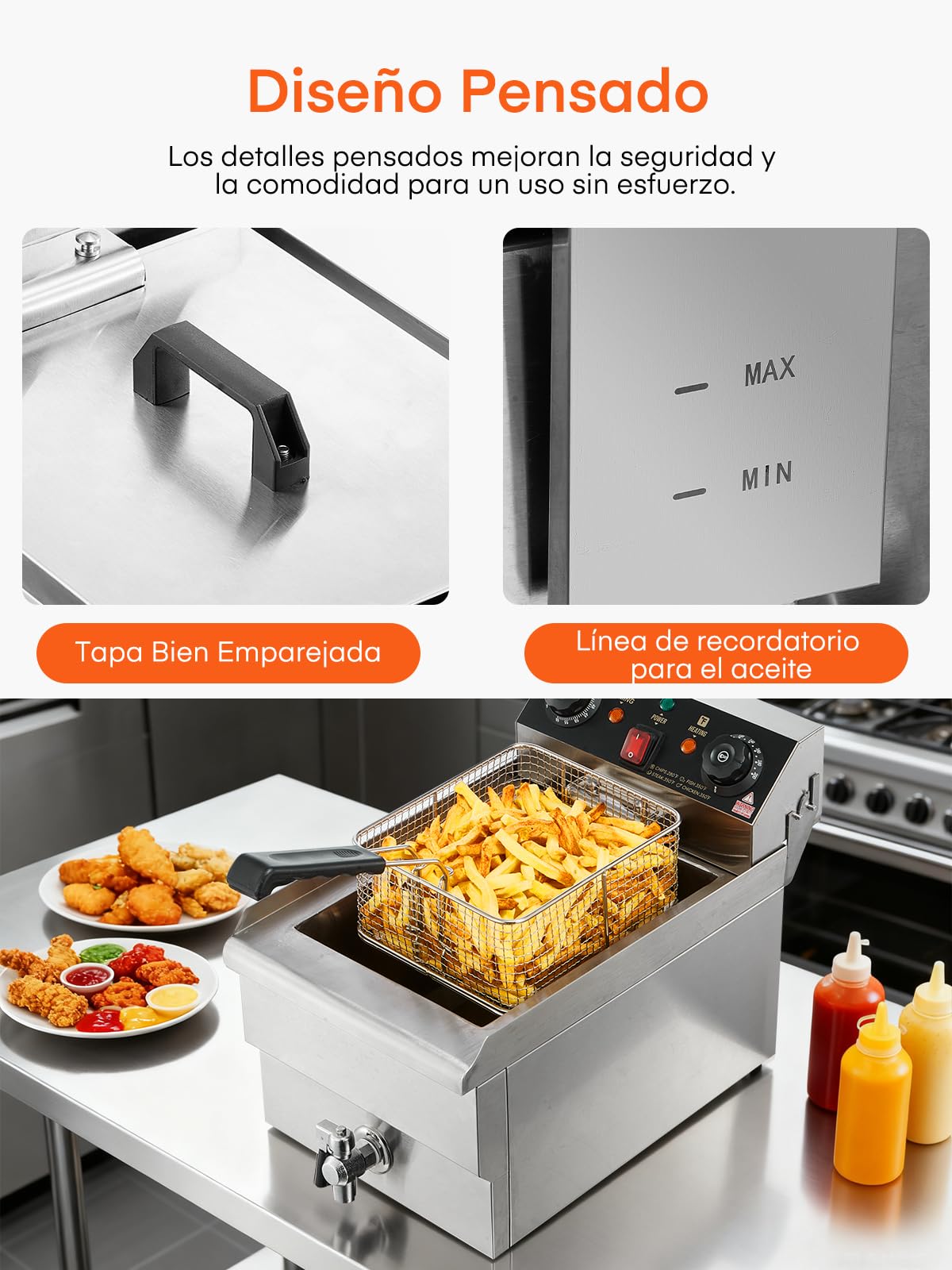 FOHERE 11L Elektrische Fritteuse mit Ölablass, 3000W Profi-Fritteuse mit Korb und Deckel, 60-Minuten-Timer, Temperaturregelung 60-200°C, ideal für Restaurant und private Küche