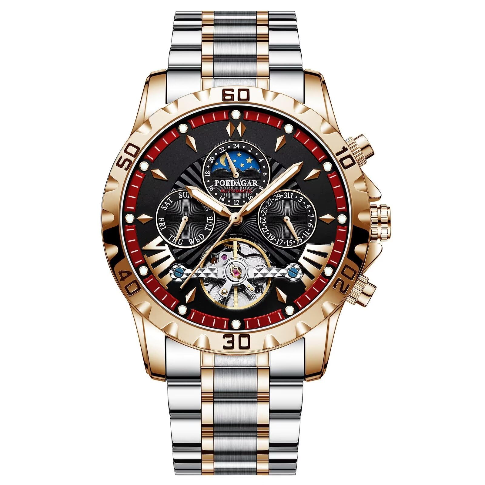 FORSINING Orologio da uomo Tourbillon automatico a carica manuale, cinturino in acciaio inox, fase lunare, orologi meccanici, visualizzazione della data analogica