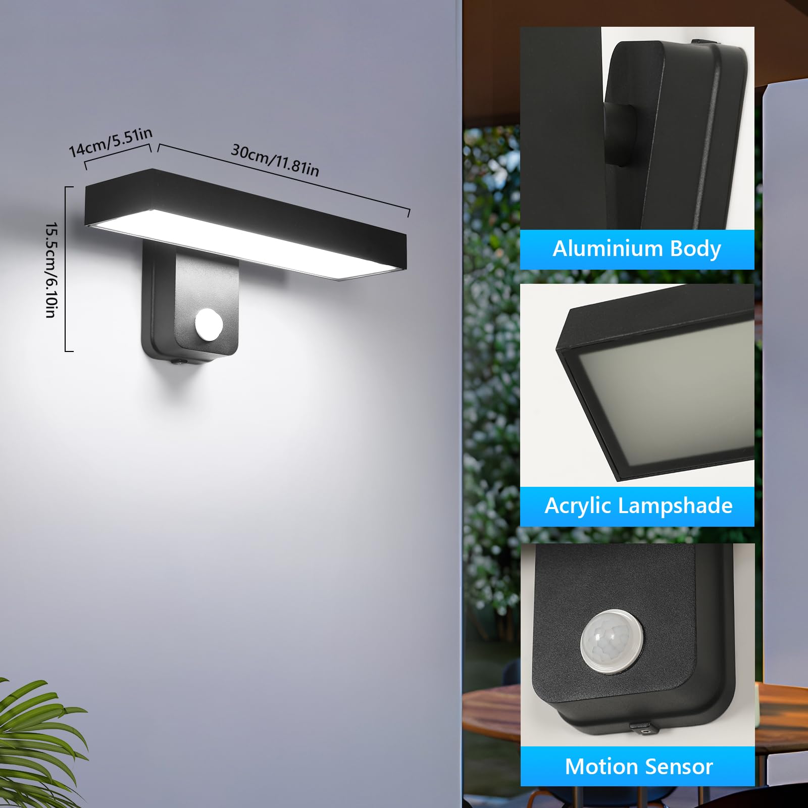 Comely 17W Lampa Zewnętrzna Z Czujnikiem Ruchu, Zewnętrzny Kinkiet Z Obracanym Panelem LED O 350°, IP65 Oświetlenie Ścienne Na Wejście Taras, Zimna Biel 6500K, Czarny